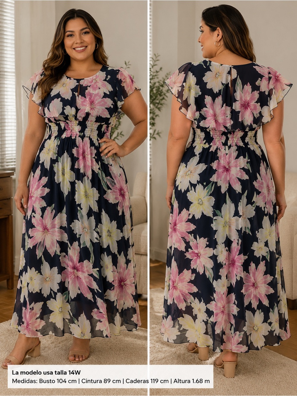 Plus Size Navy Floral Flutter Sleeve Maxi Dress - Pink & Cream Flowers